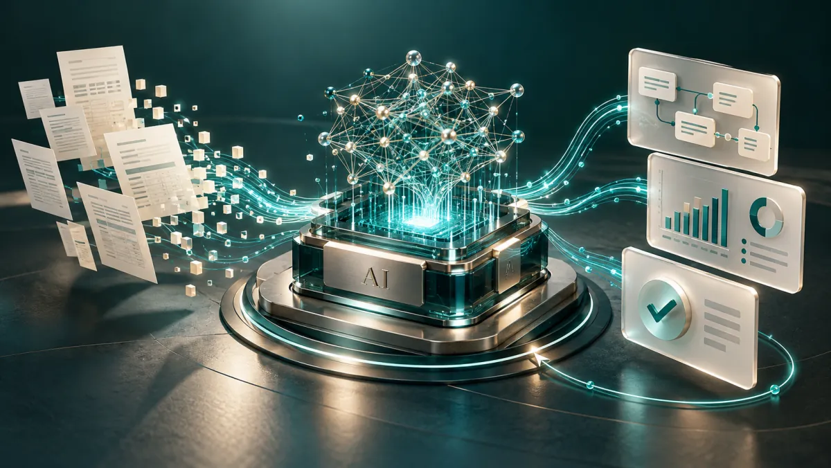 Illustration of documents flowing through AI into connected workflows, analysis and completed tasks