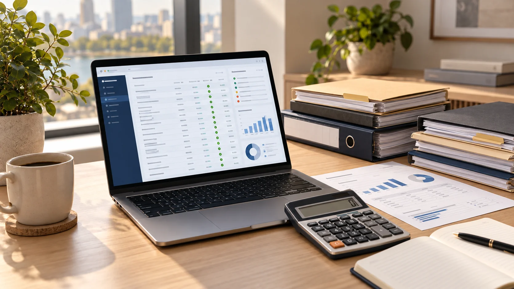Accounting workspace with a laptop and financial records